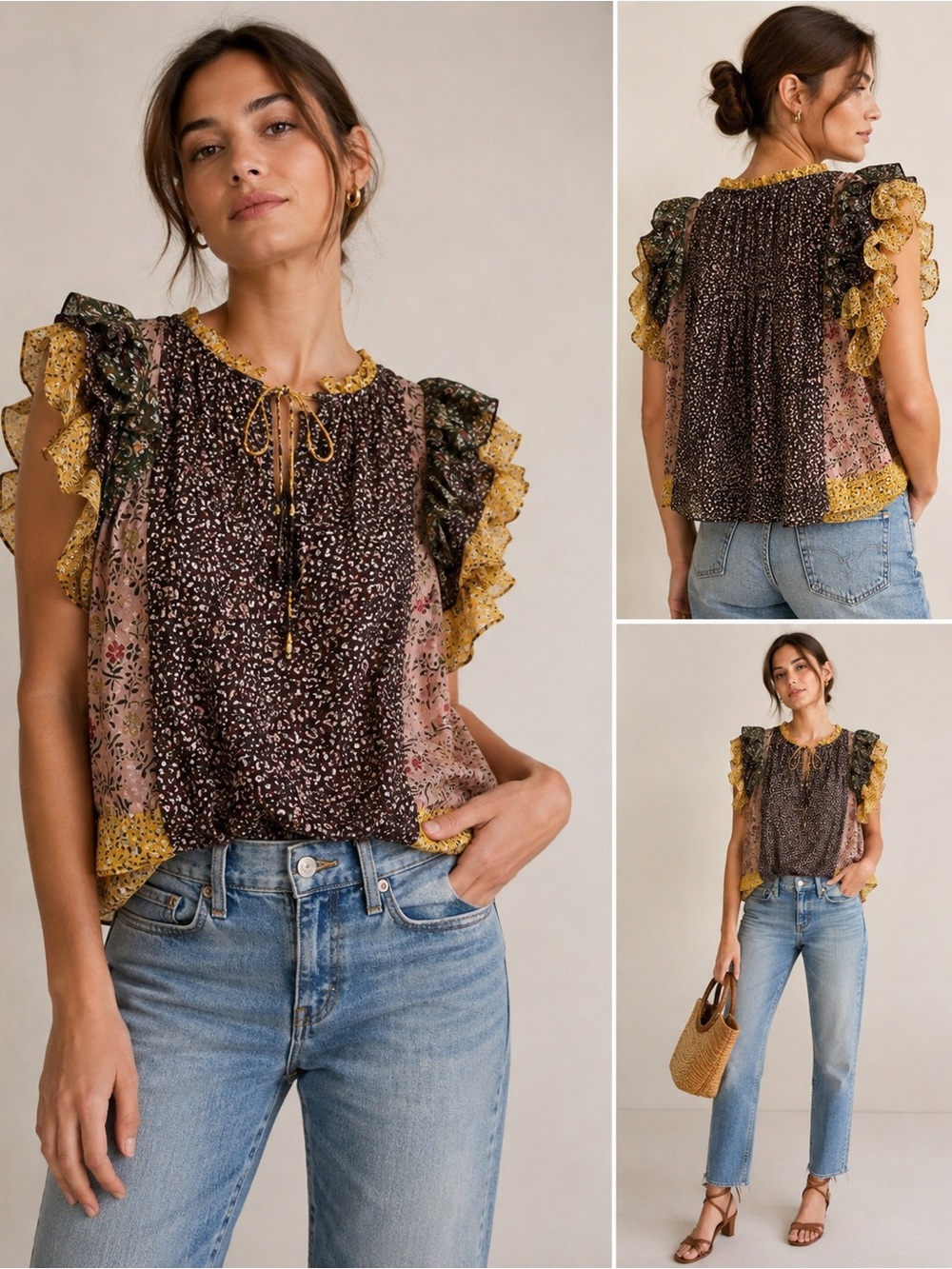 Ulla Johnson Silk Floral Patchwork Ruffle-Sleeve Top - Brown & Yellow